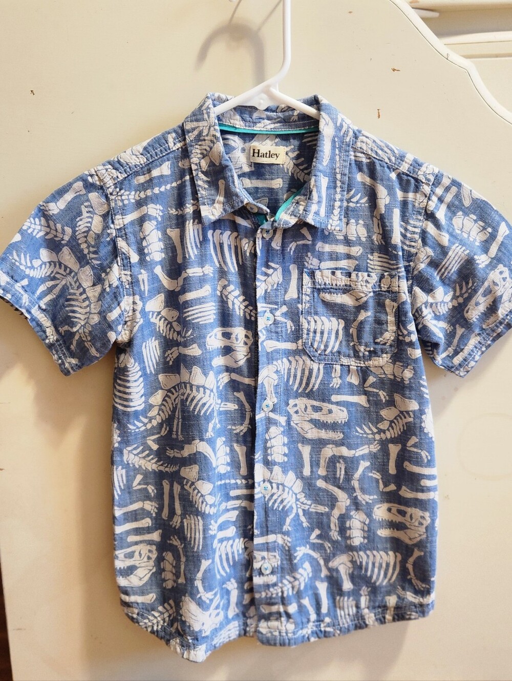 Hatley Blue Dinosaur Skeleton Button-Front Shirt for Kids Cotton Linen